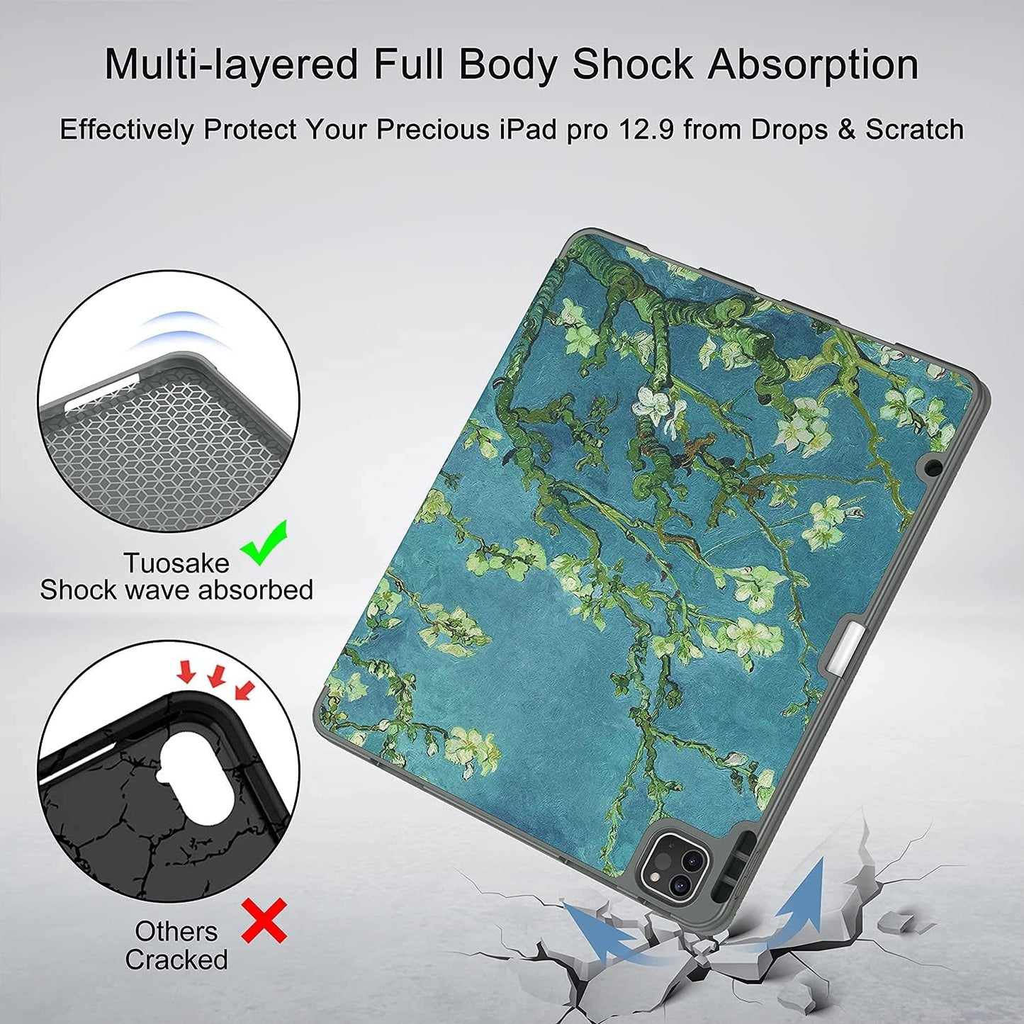 Ipad Pro 12.9 Case 2021/2022 5Th/6Th Generation with Pencil Holder,Slim Lightweight Trifold Stand Case【Pencil Charging+Auto Sleep/Wake】 Soft TPU Back Cover for Ipad Pro 12.9-Apricot Blossom