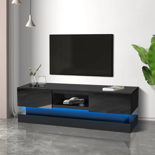 51.18inch Black Morden TV Stand with LED Lights,high Glossy Front TV Cabinet