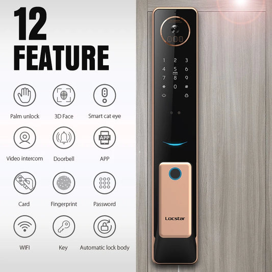 Locstar Smart Remote Control Tuya Wifi Cerradura Inteligente 3D Reconocimiento Facial Biometric Door Lock With Doorbell Camera