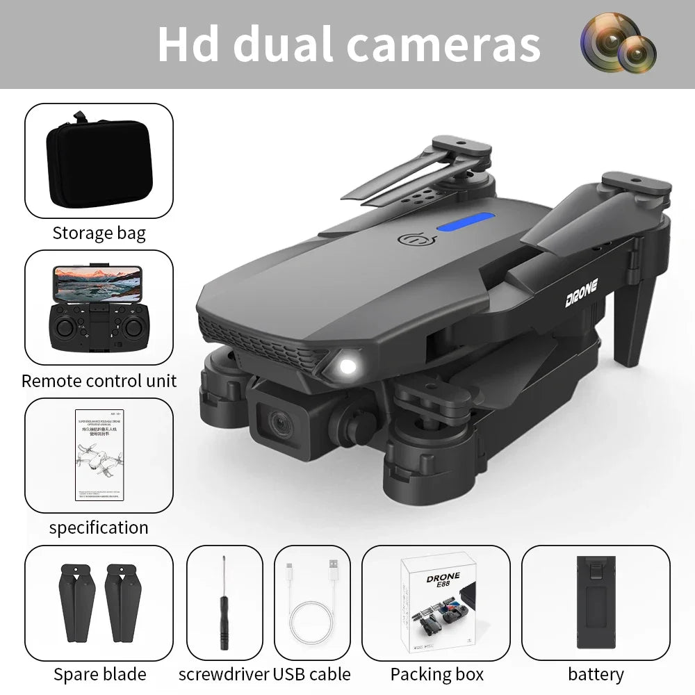 Black E88E99 GT Lighting Big Screen Control Mini Drone Dual Camera Optical Flow Fixed Height HD Aerial Photography Quadcopter