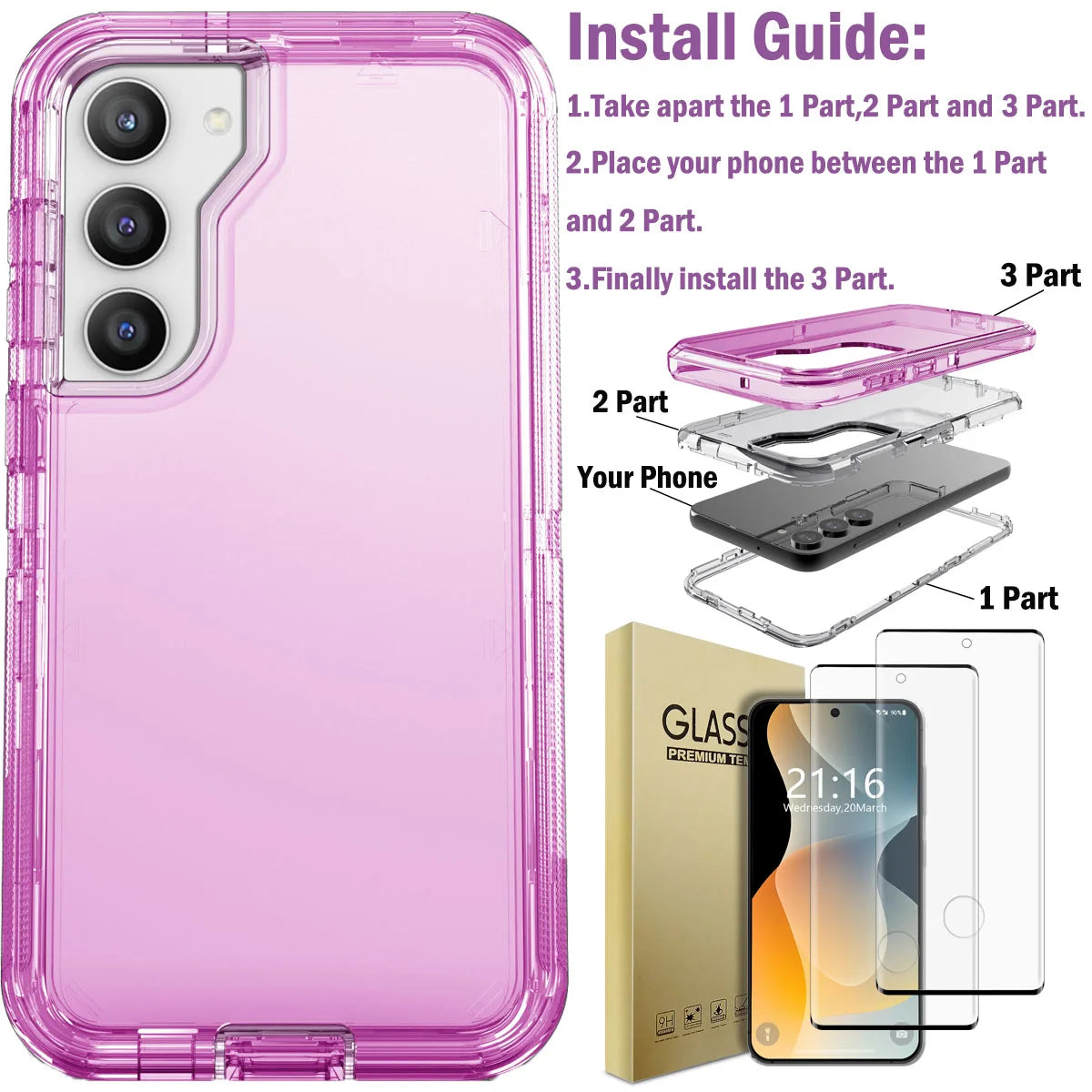 For Samsung Galaxy S23 S23 Plus S23 Ultra Crystal Clear Phone Case Shockproof Cover And 2pcs Tempered Glass Screen Protectors