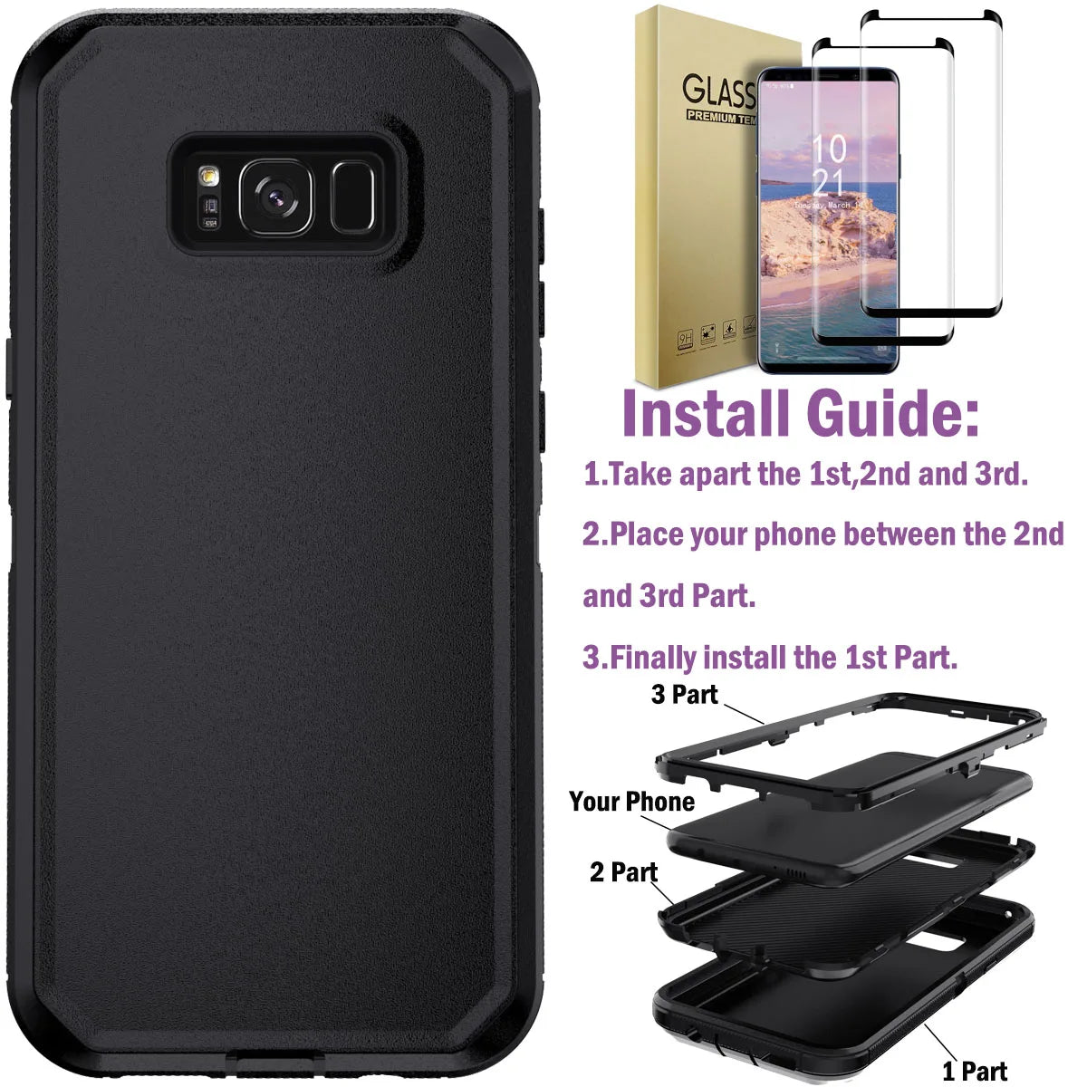 For Samsung Galaxy S8 S8 Plus Rugged Phone Case Shockproof Cover And 2pcs Tempered Glass Screen Protectors Case Friendly Clear
