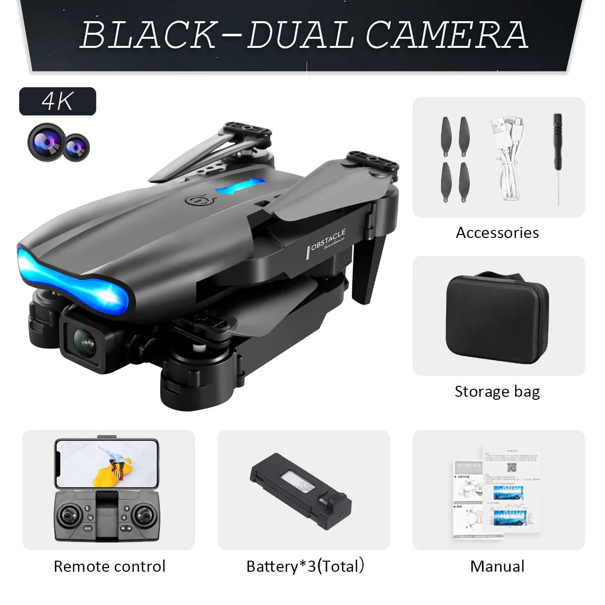 E99 K3 Pro Drone – 4K HD, Dual Camera, WIFI FPV, Obstacle Avoidance, Black