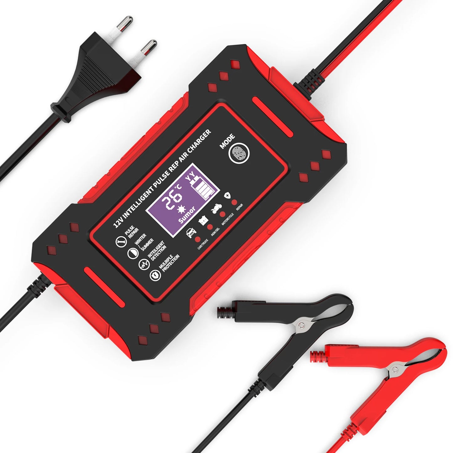 6A 12V Intelligent Car Battery Charger Car and Motorcycle Battery Charging Unit Lead-Acid Battery Repair LCD Display