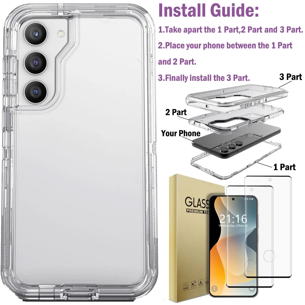 For Samsung Galaxy S23 S23 Plus S23 Ultra Crystal Clear Phone Case Shockproof Cover And 2pcs Tempered Glass Screen Protectors