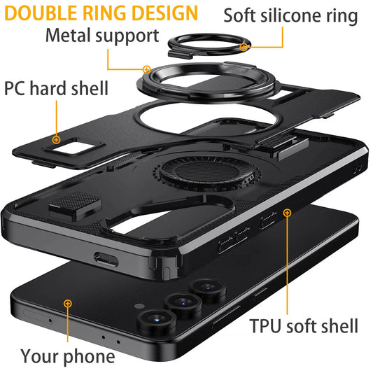 For Samsung Galaxy S25 S25 Plus S25 Ultra 5G Phone Case Hybrid Shockproof Double Ring Kickstand Rugged Cover Black