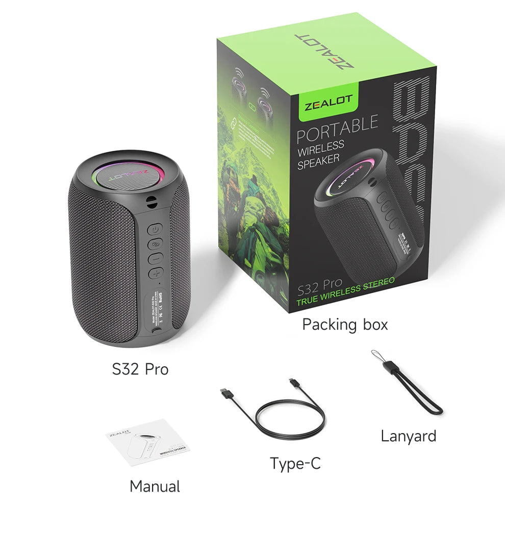 Zealot Speaker – S32PRO Bass Bluetooth, Waterproof LED Outdoor Black
