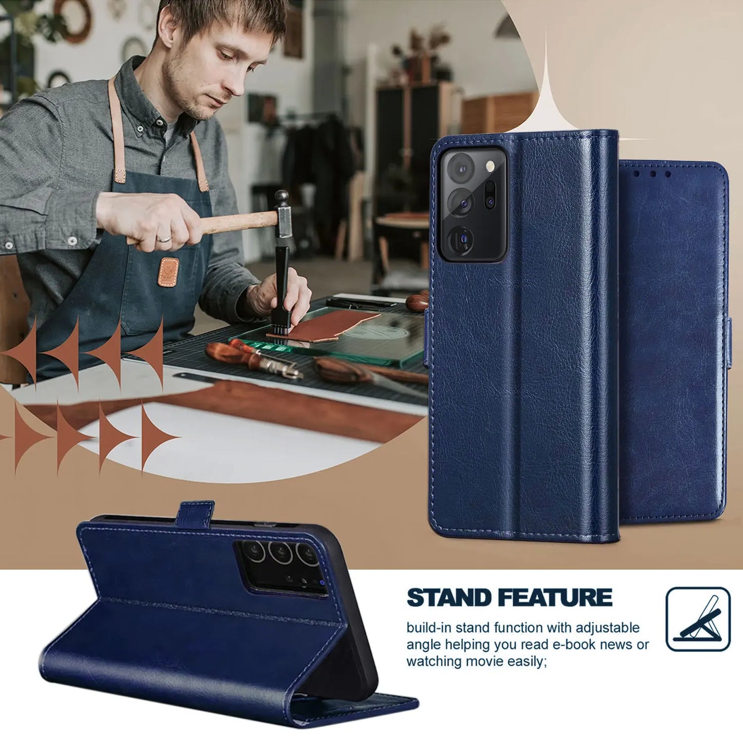 Blue For Samsung Galaxy Note 20 Ultra 5G Protective Phone Case Card Holder Slots Wallet Magnetic Flip Kickstand Leather Cover