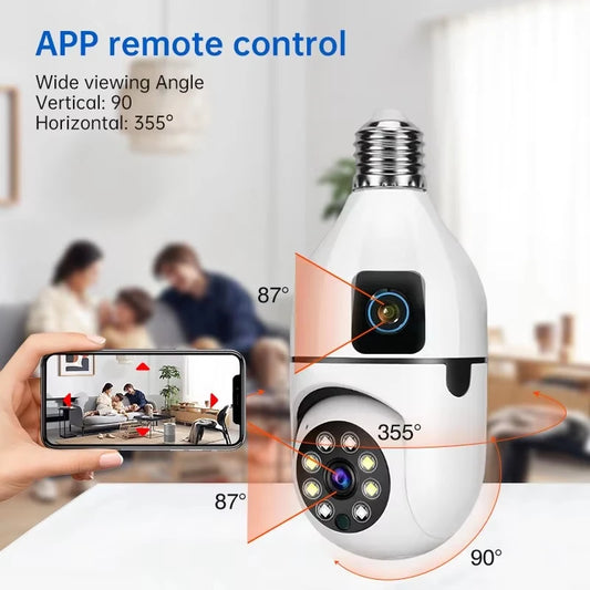 4MP E27 Bulb Camera - Dual Lens, 360° PTZ, WiFi, Night Vision, Two-Way Audio