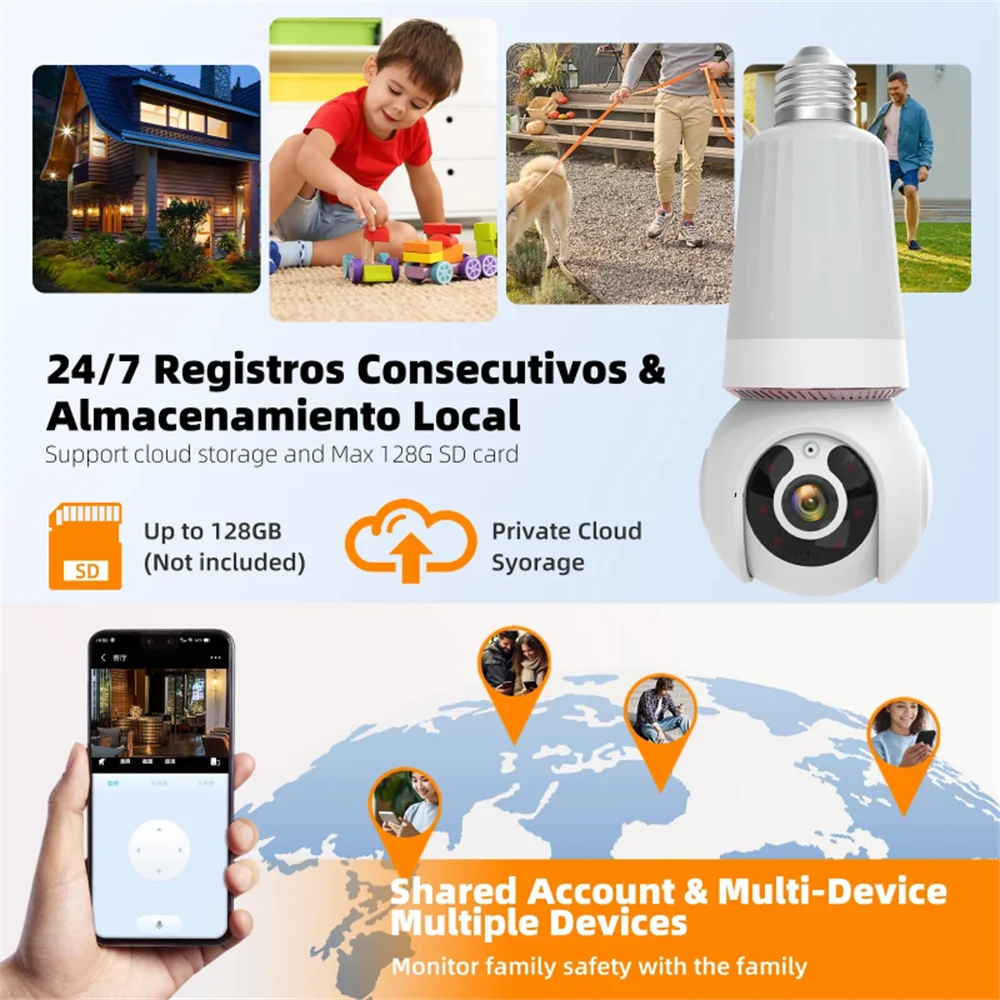 8MP E27 Bulb Camera - WiFi PTZ, 10X Zoom, AI Tracking, Night Vision