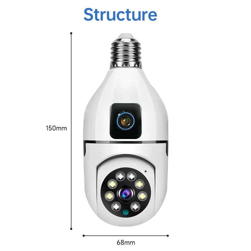 4MP E27 Bulb Camera - Dual Lens, 360° PTZ, WiFi, Night Vision, Two-Way Audio