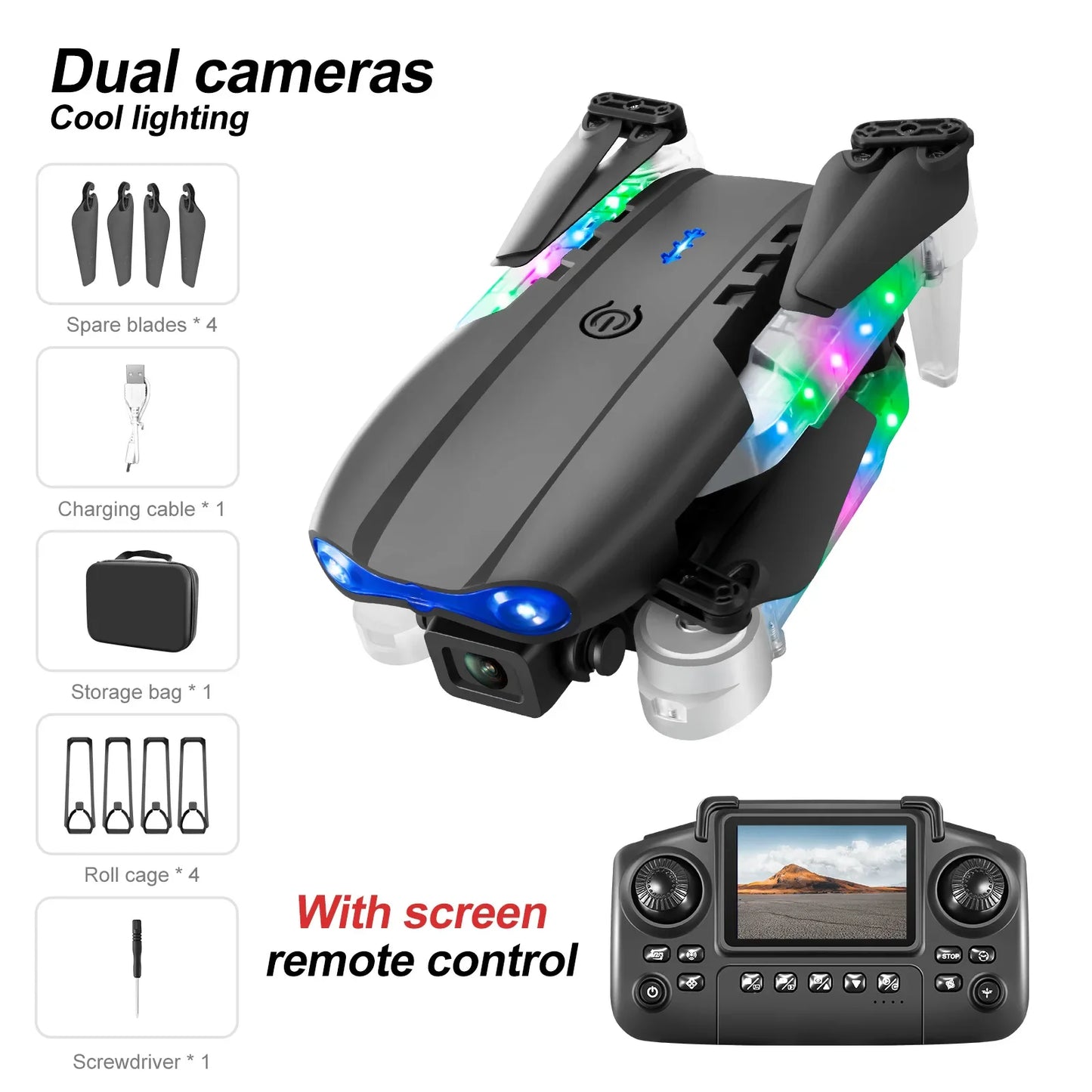 Black E88E99 GT Lighting Big Screen Control Mini Drone Dual Camera Optical Flow Fixed Height HD Aerial Photography Quadcopter