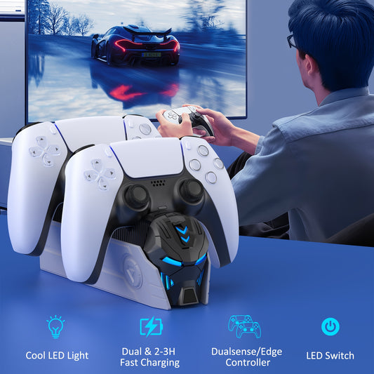 PS5 Dualsense Controller Charger Station with Fast Charging (Over-Charge/Short-Circuit Protection, Smart Chip) - Dual Stand Organizer Dock, LED Lighting - Compatible with PS5 Dualsense Controllers - Birthday/Holiday/Halloween