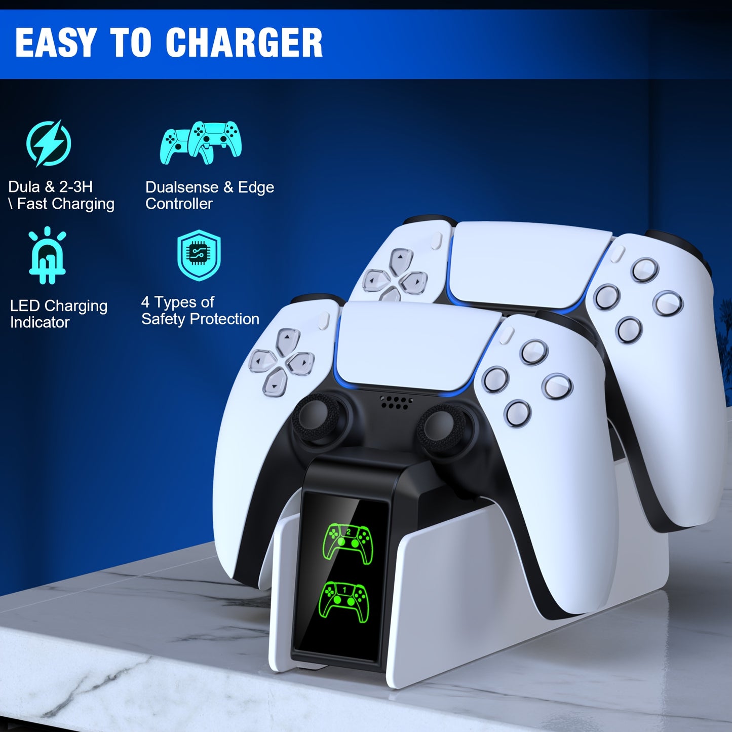 PS5 Dualsense Controller Charger Station with Fast Charging (Over-Charge/Short-Circuit Protection, Smart Chip) - Dual Stand Organizer Dock, LED Lighting - Compatible with PS5 Dualsense Controllers - Birthday/Holiday/Halloween