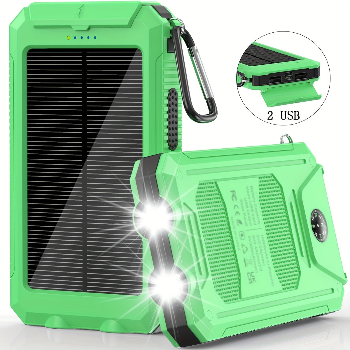 20000mAh Solar Powered Power Bank with Flashlight/USB/Type-C/Micro-Interface/G Compass, Suitable for Mobile Digital Electronics Devices, Durable and Long-lasting, Travel Camping, LED Flashlight, Climbing Buckle. Portable Sola