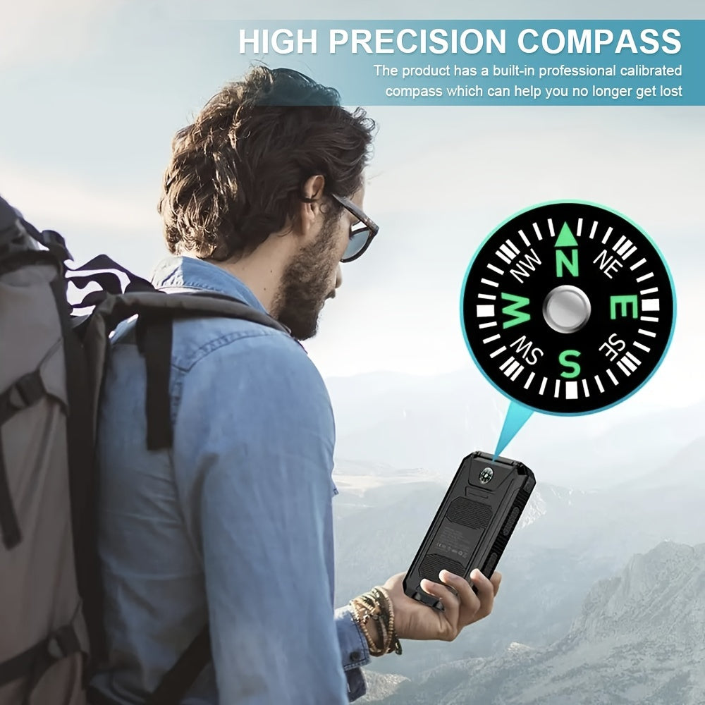20000mAh Solar Powered Power Bank with Flashlight/USB/Type-C/Micro-Interface/G Compass, Suitable for Mobile Digital Electronics Devices, Durable and Long-lasting, Travel Camping, LED Flashlight, Climbing Buckle. Portable Sola