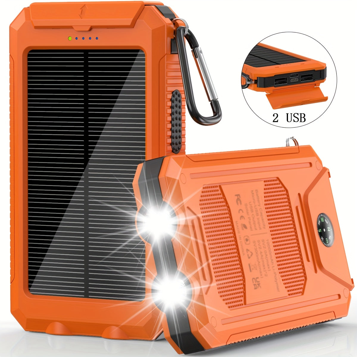 20000mAh Solar Powered Power Bank with Flashlight/USB/Type-C/Micro-Interface/G Compass, Suitable for Mobile Digital Electronics Devices, Durable and Long-lasting, Travel Camping, LED Flashlight, Climbing Buckle. Portable Sola