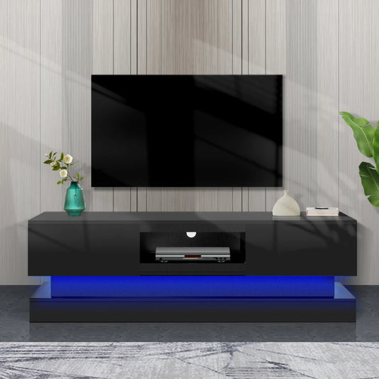 51.18inch  Black Morden TV Stand with LED Lights,high Glossy Front TV Cabinet