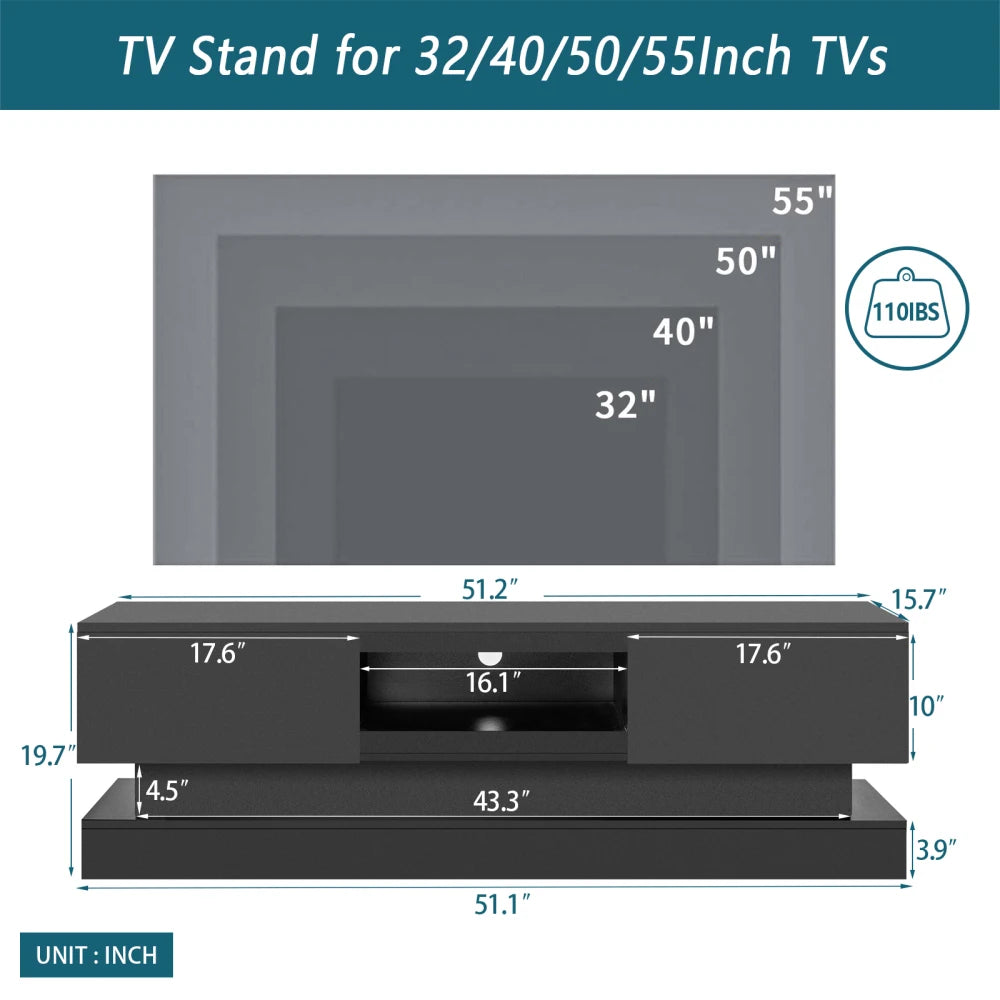 51.18inch  Black Morden TV Stand with LED Lights,high Glossy Front TV Cabinet