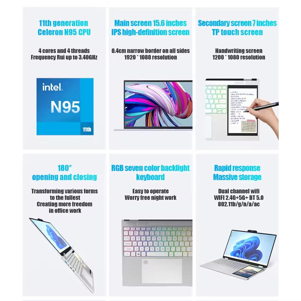 Cheap Factory Price Intel N100 15.6+7 Inch Dual Screen 16GB RAM 1T SSD Gaming Computer for Business Laptops