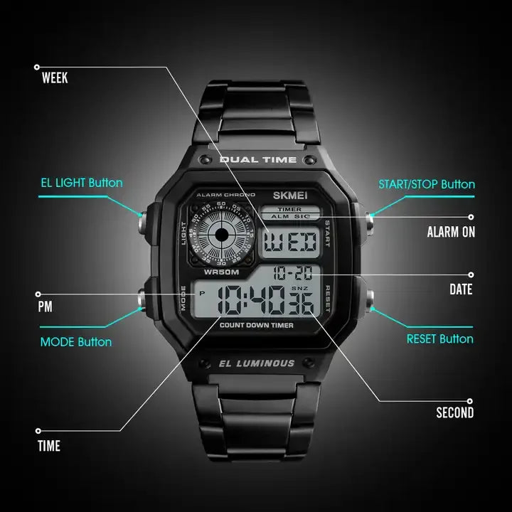 SKMEI 1335 Men's Classic Electronic Watches Business Luxury Fashion Relojes Sport Stainless Steel Strap Digital Watch for Men