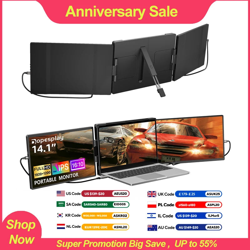 Dopesplay 14.1" Portable Laptop Monitor – FHD Dual/ Single Screen Extender