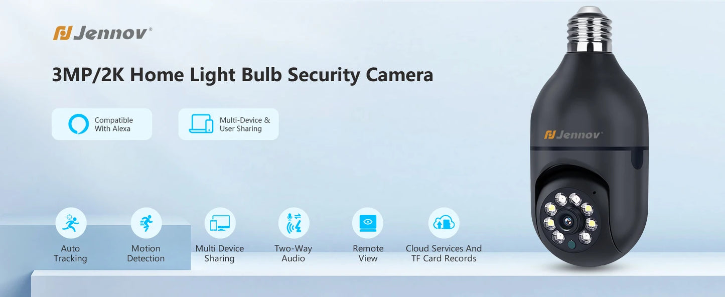 Jennov Light Bulb Security Camera - 360°/2K HD, Wireless Wi-Fi Camera