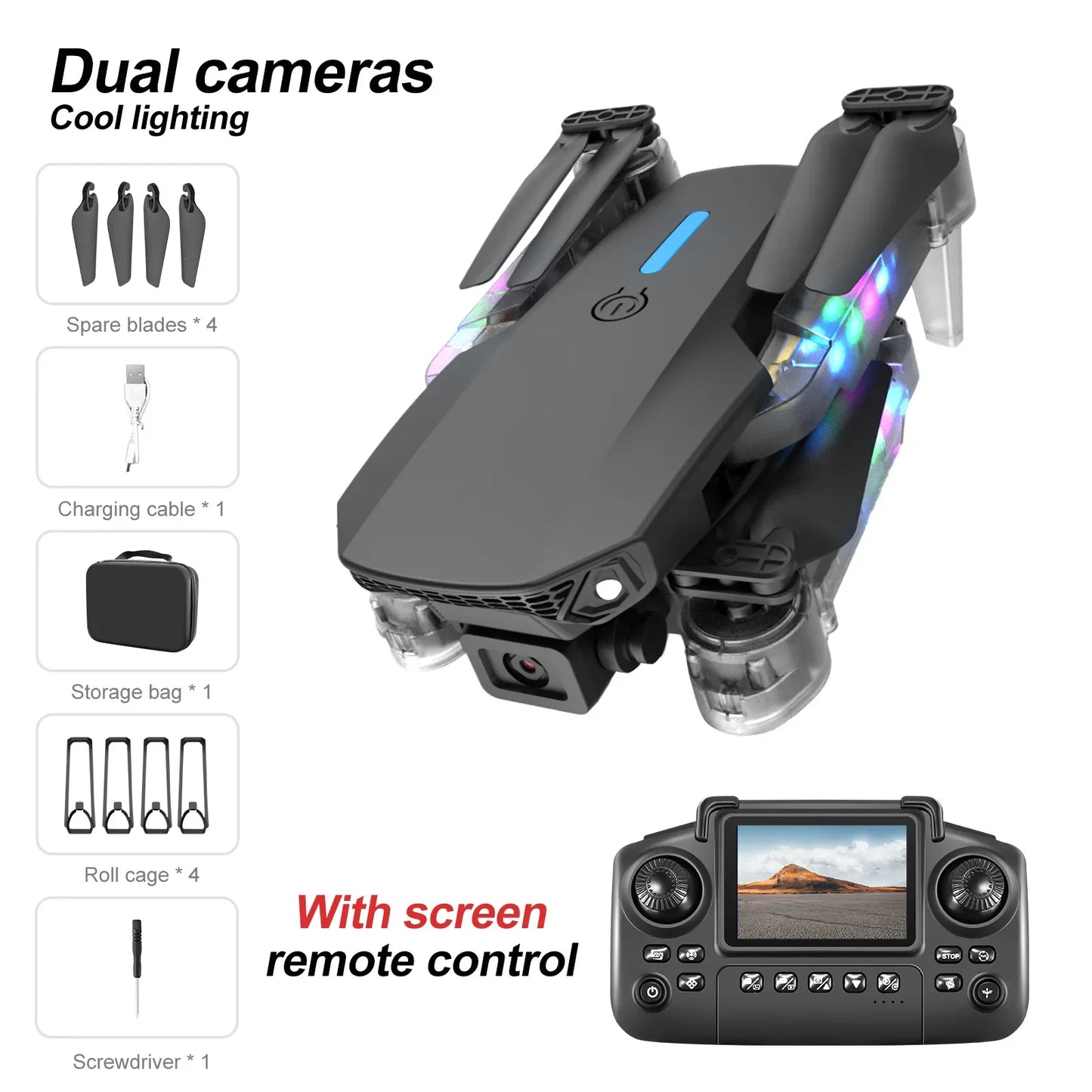 Black E88E99 GT Lighting Big Screen Control Mini Drone Dual Camera Optical Flow Fixed Height HD Aerial Photography Quadcopter