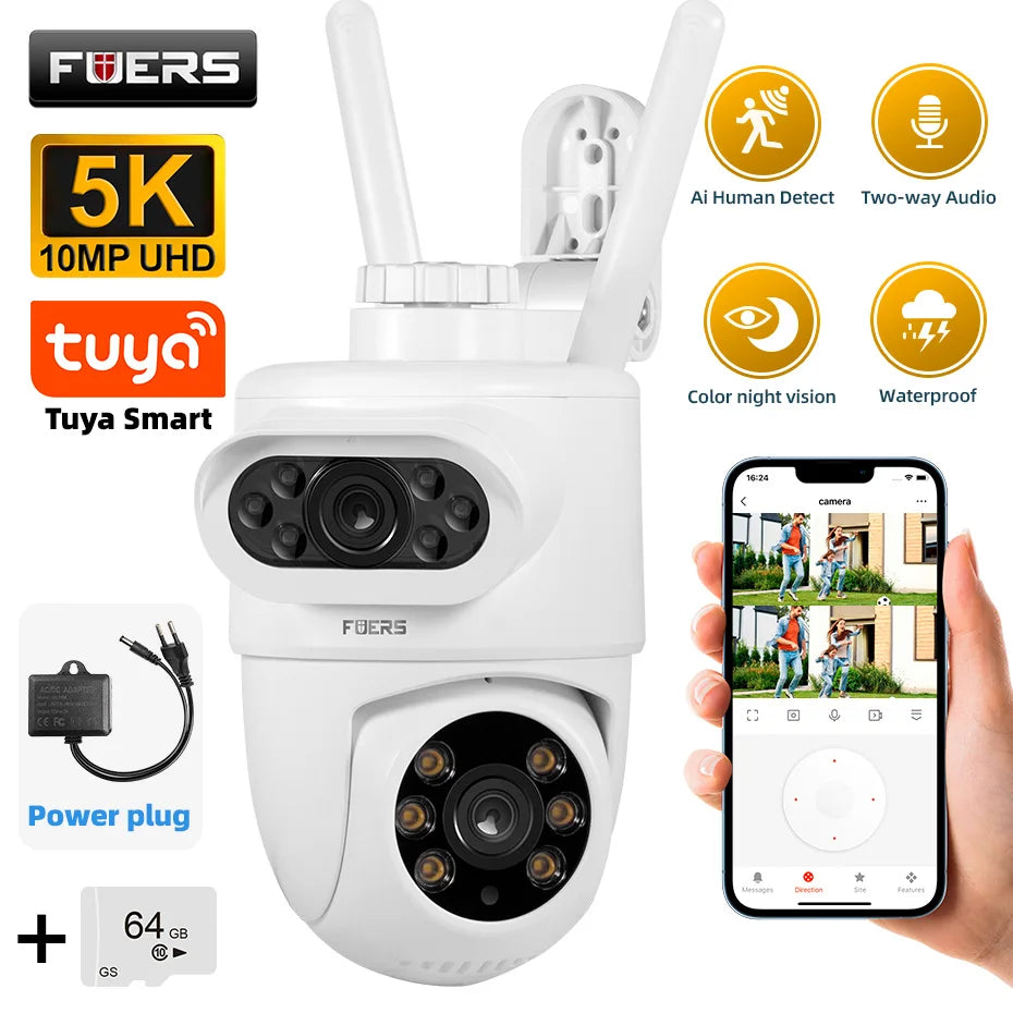 FUERS 5K Dual Lens IP Camera - 10MP, Auto Tracking, Outdoor WiFi CCTV