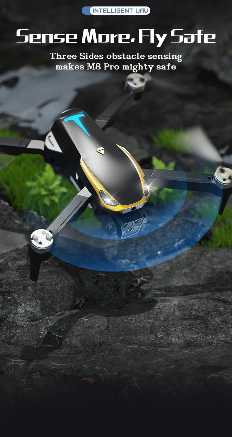 M8 PRO Drone – Brushless Motor, 2 Batteries, HD Camera, 360° Rolling, Black