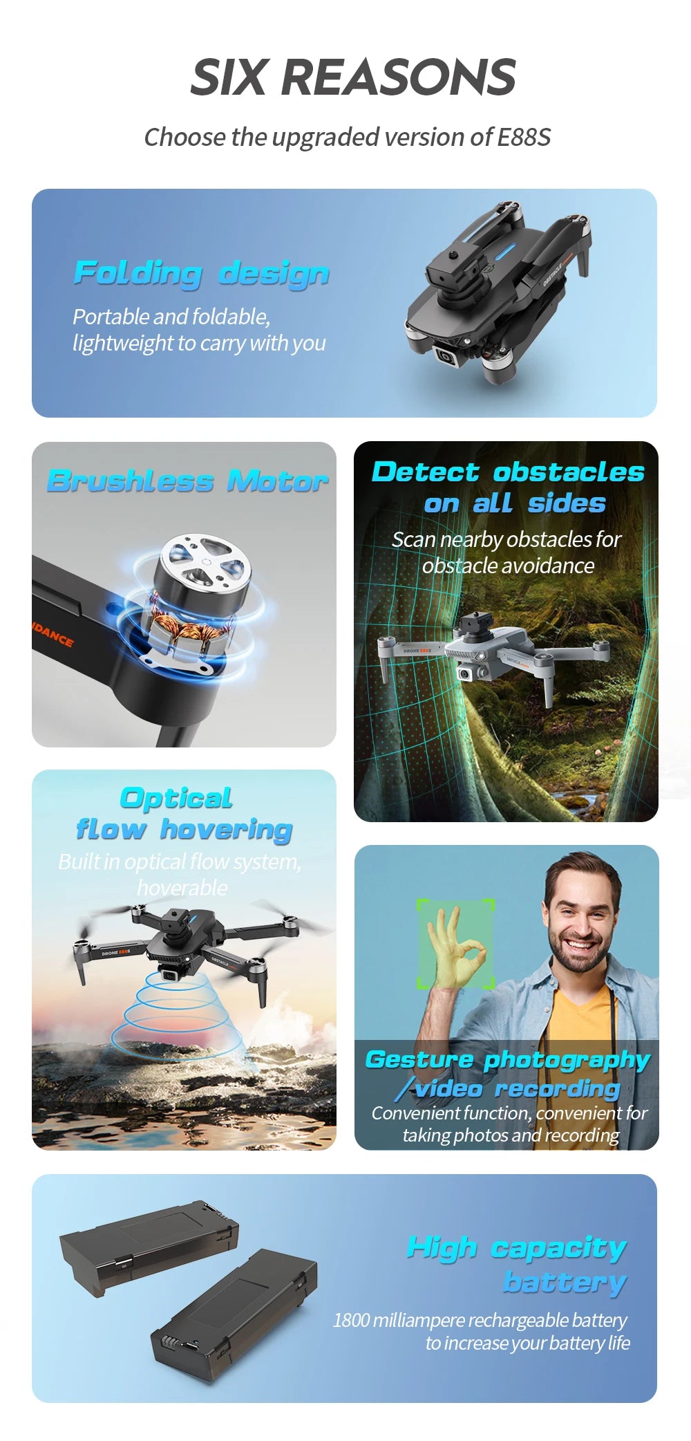 Mini Drone E88S 4k HD Dual Camera Foldable 360° Obstacle Avoidance WIFI FPV Brushless Quadcopter Helicopter Kids Toys Tarmac Pad