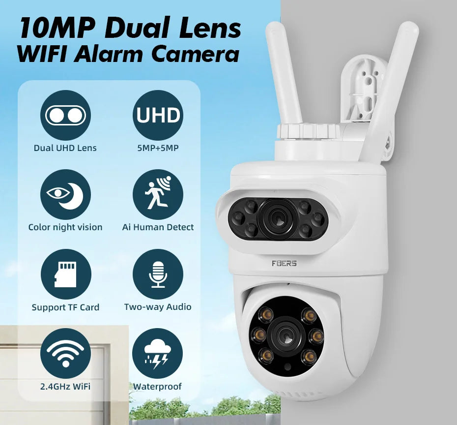 FUERS 5K Dual Lens IP Camera - 10MP, Auto Tracking, Outdoor WiFi CCTV
