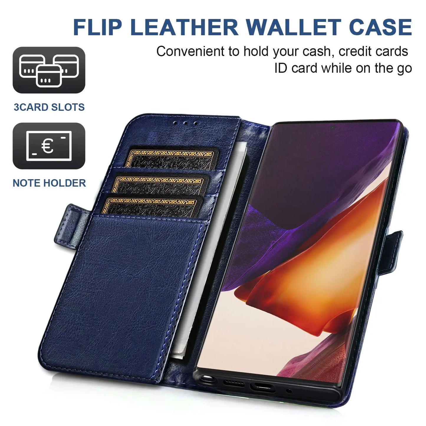 Blue For Samsung Galaxy Note 20 Ultra 5G Protective Phone Case Card Holder Slots Wallet Magnetic Flip Kickstand Leather Cover