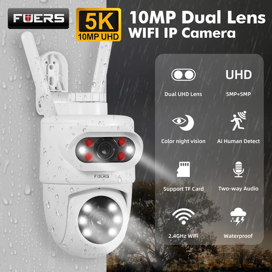 FUERS 5K Dual Lens IP Camera - 10MP, Auto Tracking, Outdoor WiFi CCTV