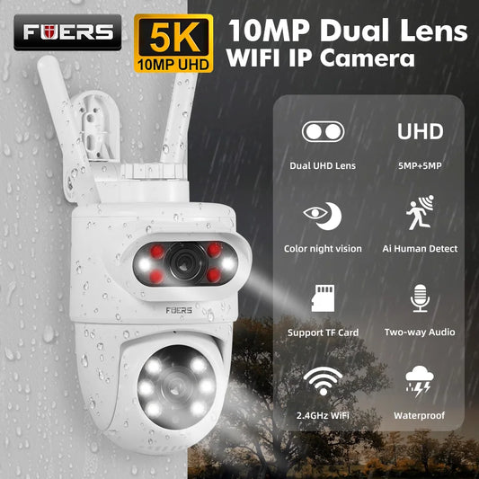FUERS 5K Dual Lens IP Camera - 10MP, Auto Tracking, Outdoor WiFi CCTV