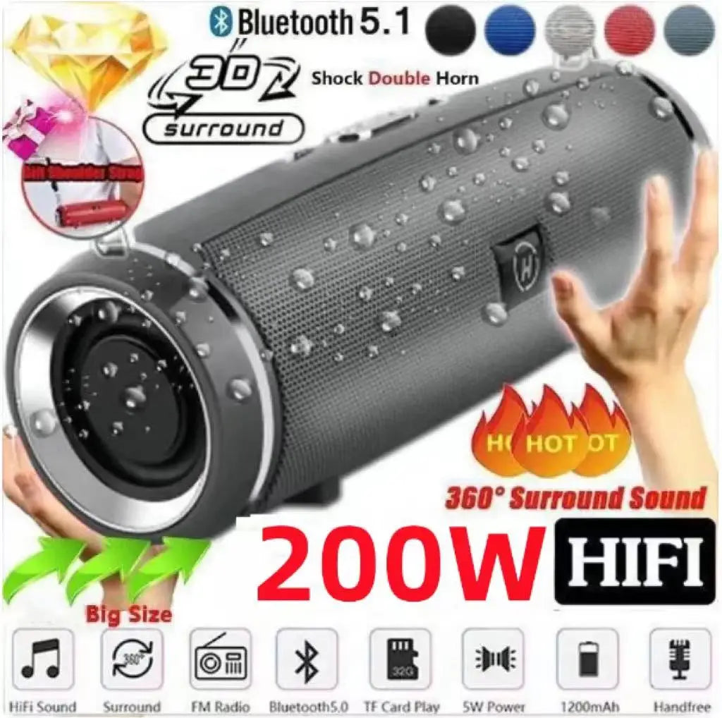 Bluetooth Speaker – Portable 200W, IPX7 Waterproof, Subwoofer, FM Radio