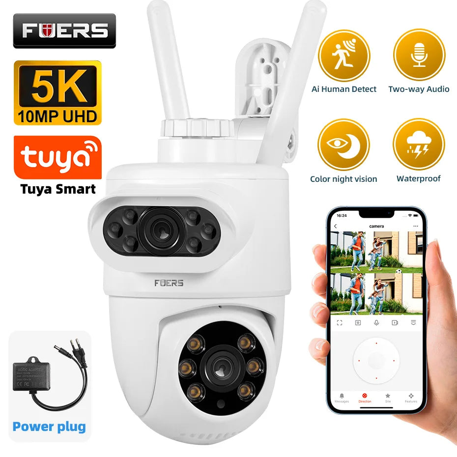 FUERS 5K Dual Lens IP Camera - 10MP, Auto Tracking, Outdoor WiFi CCTV