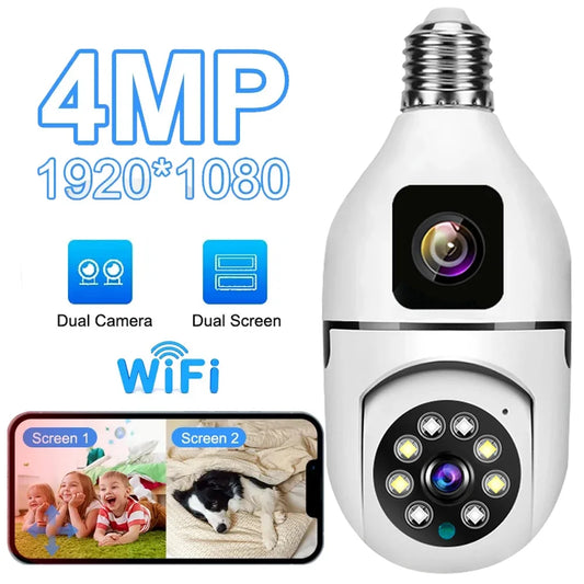 4MP E27 Bulb Camera - Dual Lens, 360° PTZ, WiFi, Night Vision, Two-Way Audio