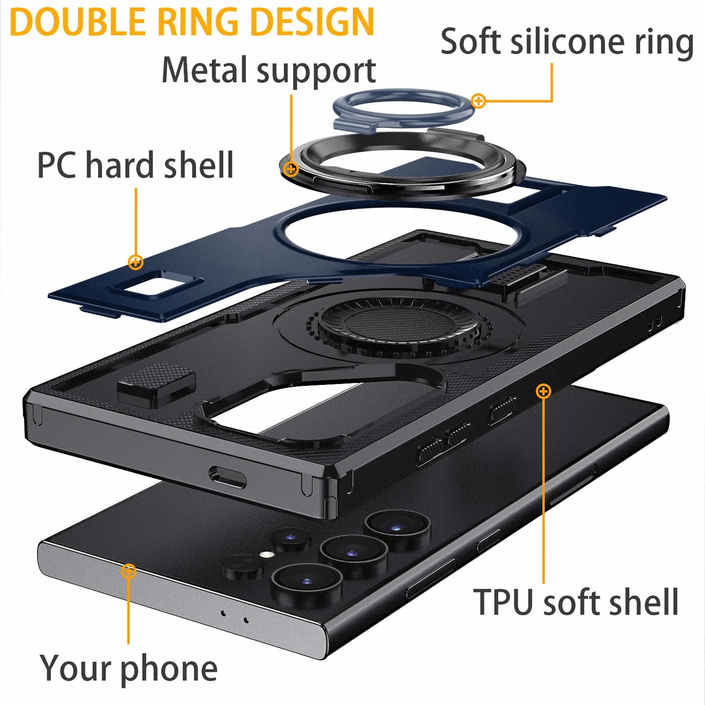 For Samsung Galaxy S23 Ultra 5G Phone Case Hybrid Shockproof Double Ring Kickstand Rugged Hybrid Slim Hard Phone Cover Blue
