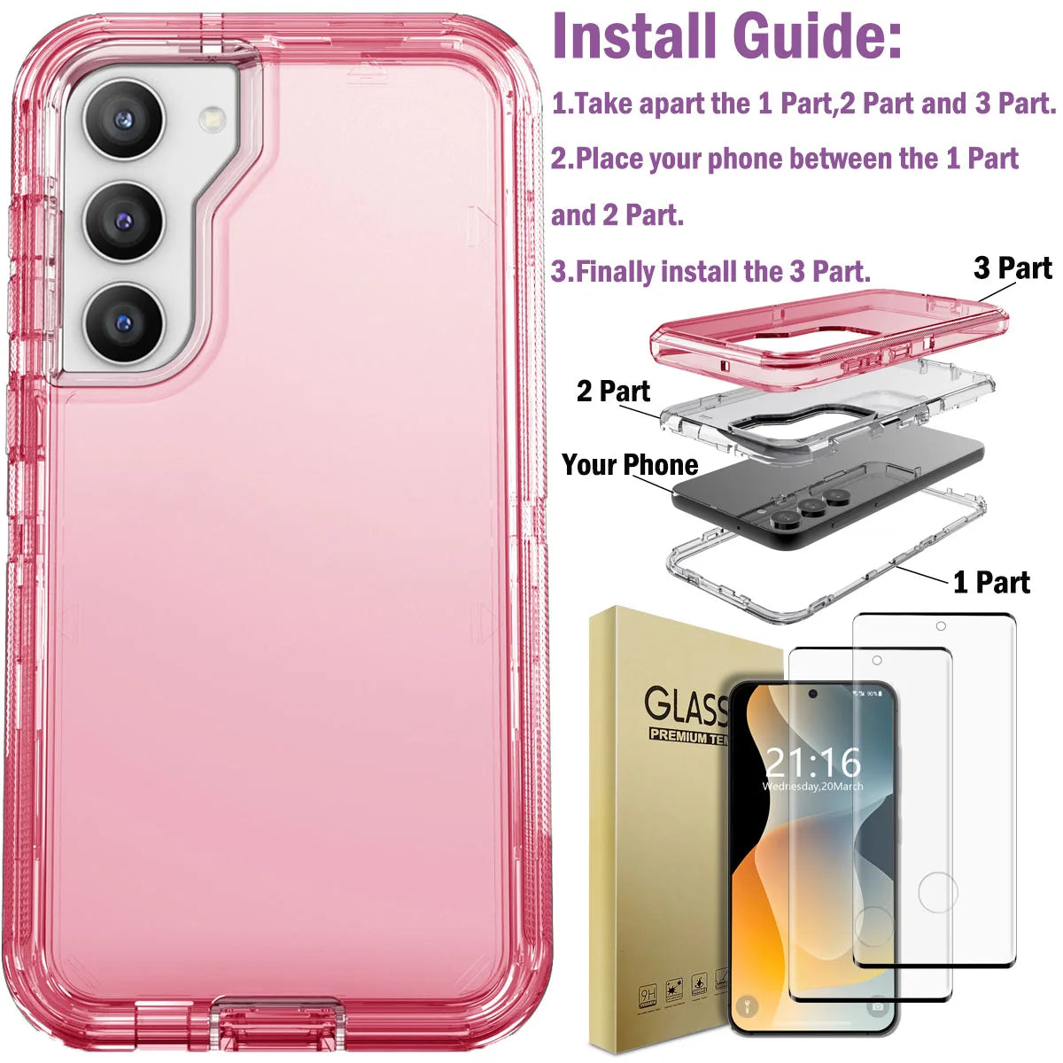 For Samsung Galaxy S23 S23 Plus S23 Ultra Crystal Clear Phone Case Shockproof Cover And 2pcs Tempered Glass Screen Protectors