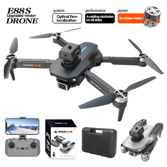 Mini Drone E88S 4k HD Dual Camera Foldable 360° Obstacle Avoidance WIFI FPV Brushless Quadcopter Helicopter Kids Toys Tarmac Pad
