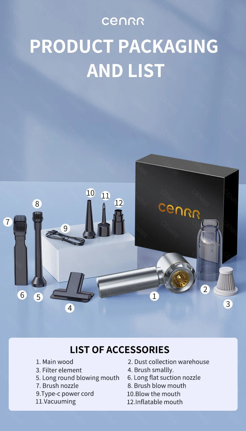 CENRR 360000PA Mini Car Vacuum Cleaner - Cordless, Handheld, Powerful