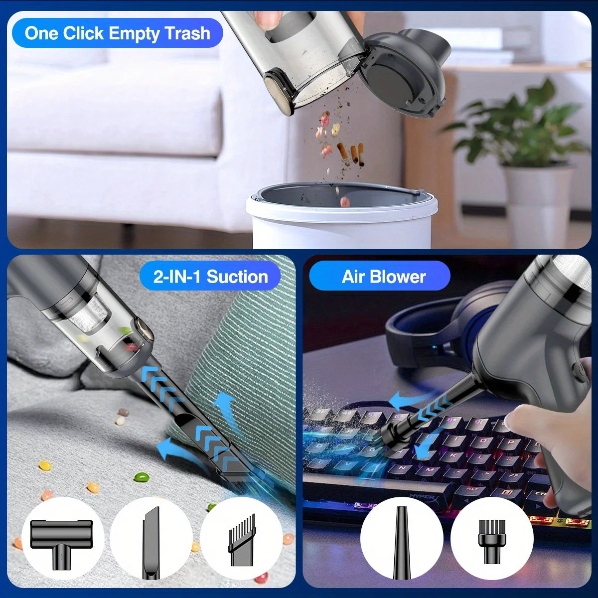 Cordless Vacuum Cleaner - 20000PA, Handheld, 3-in-1, Brushless Motor