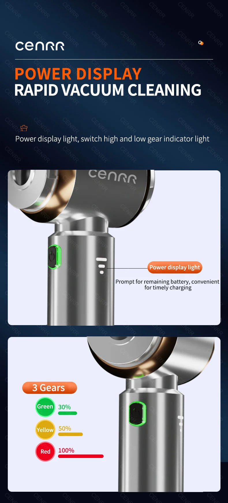 CENRR 360000PA Mini Car Vacuum Cleaner - Cordless, Handheld, Powerful