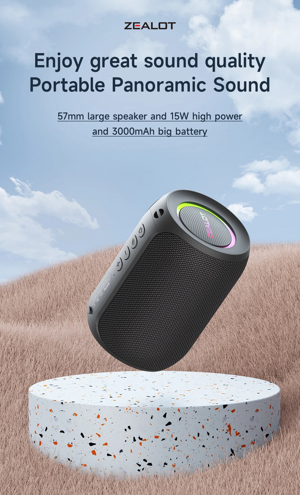 Zealot Speaker – S32PRO Bass Bluetooth, Waterproof LED Outdoor Black