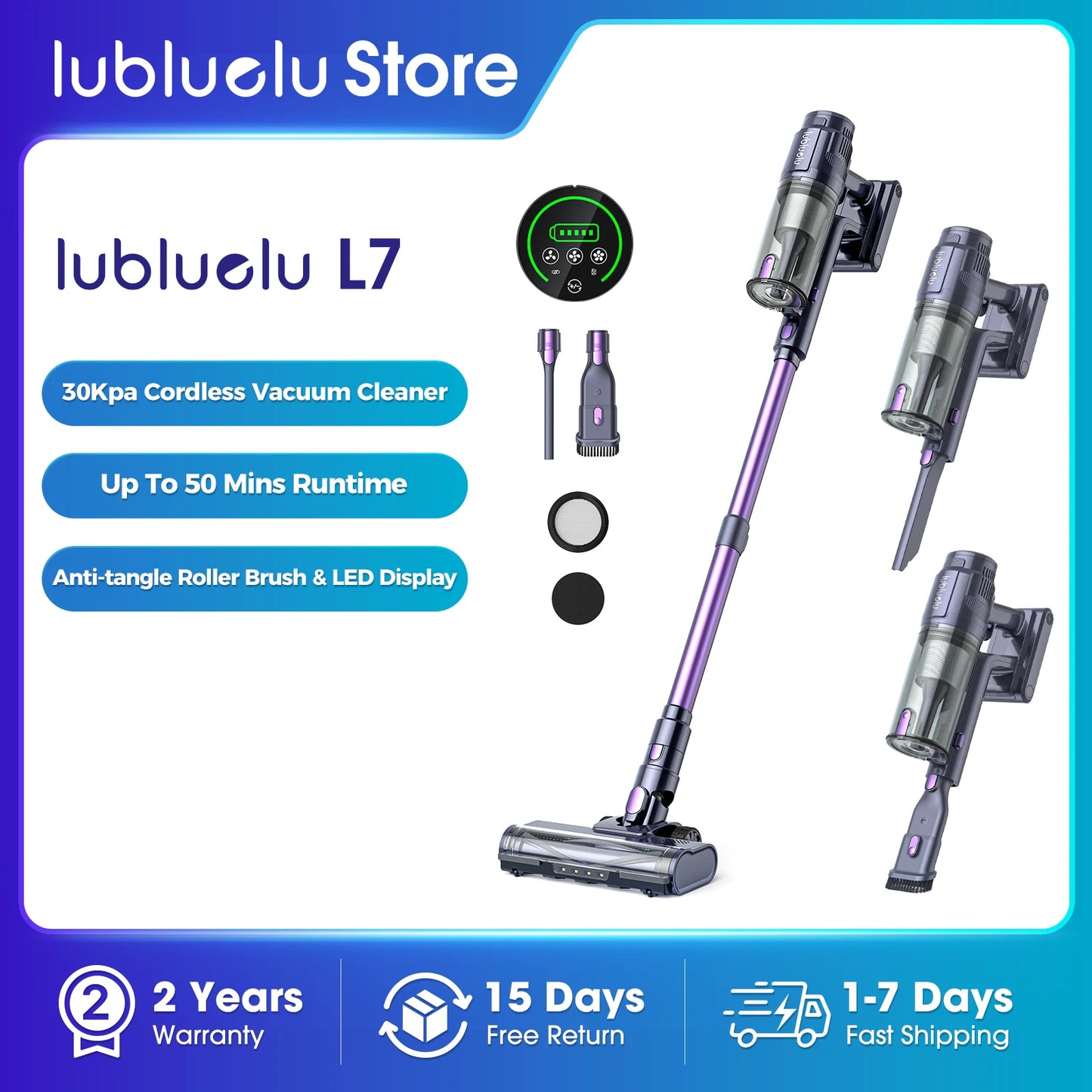 Lubluelu L7 Vacuum Cleaner – Cordless, 30Kpa, Touch Screen, Lightweight