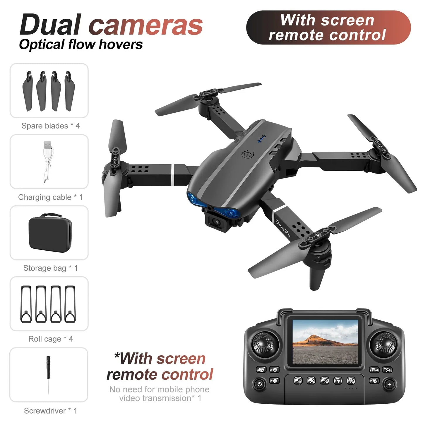 Black E88E99 GT Lighting Big Screen Control Mini Drone Dual Camera Optical Flow Fixed Height HD Aerial Photography Quadcopter