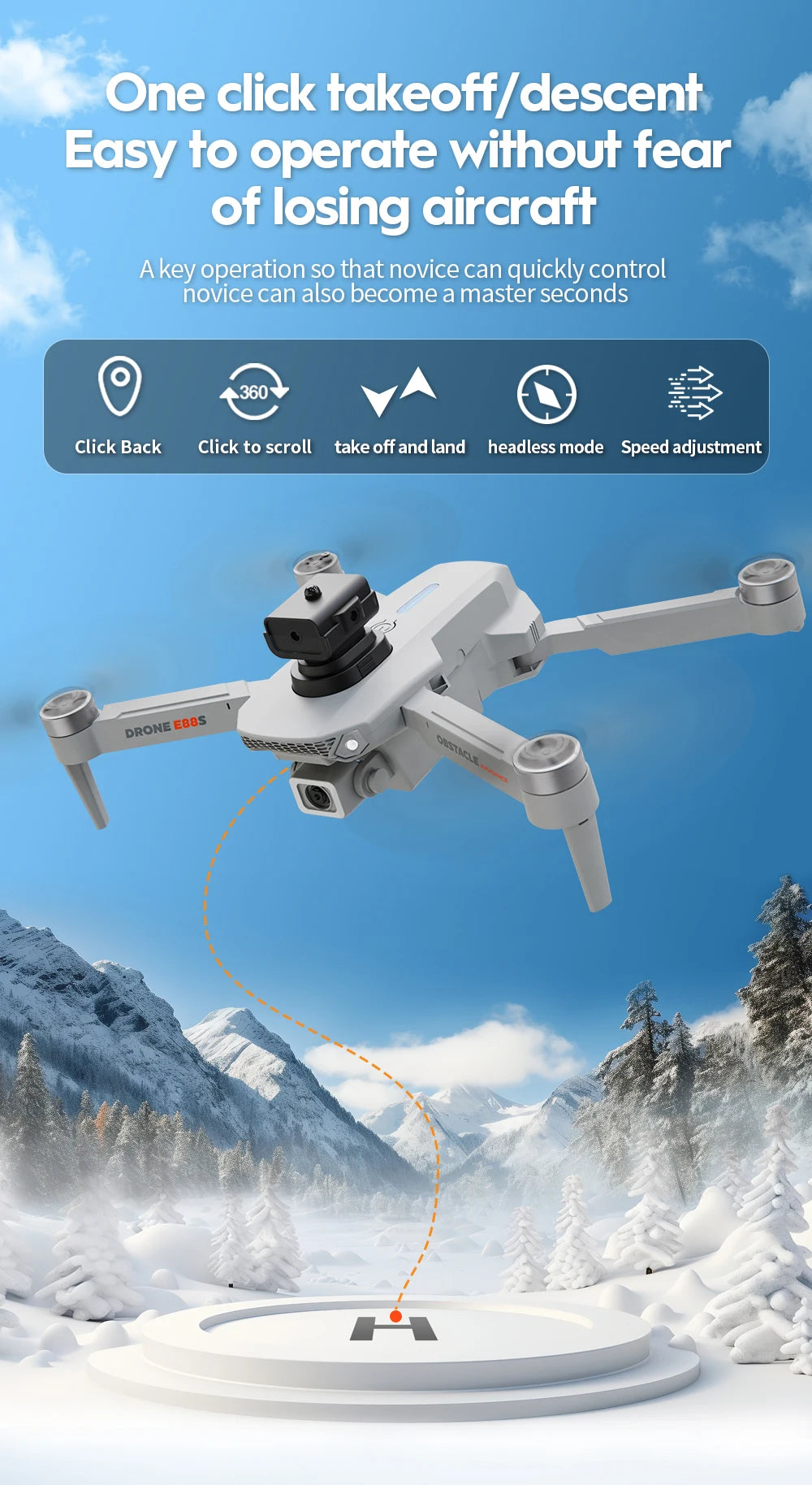 Mini Drone E88S 4k HD Dual Camera Foldable 360° Obstacle Avoidance WIFI FPV Brushless Quadcopter Helicopter Kids Toys Tarmac Pad