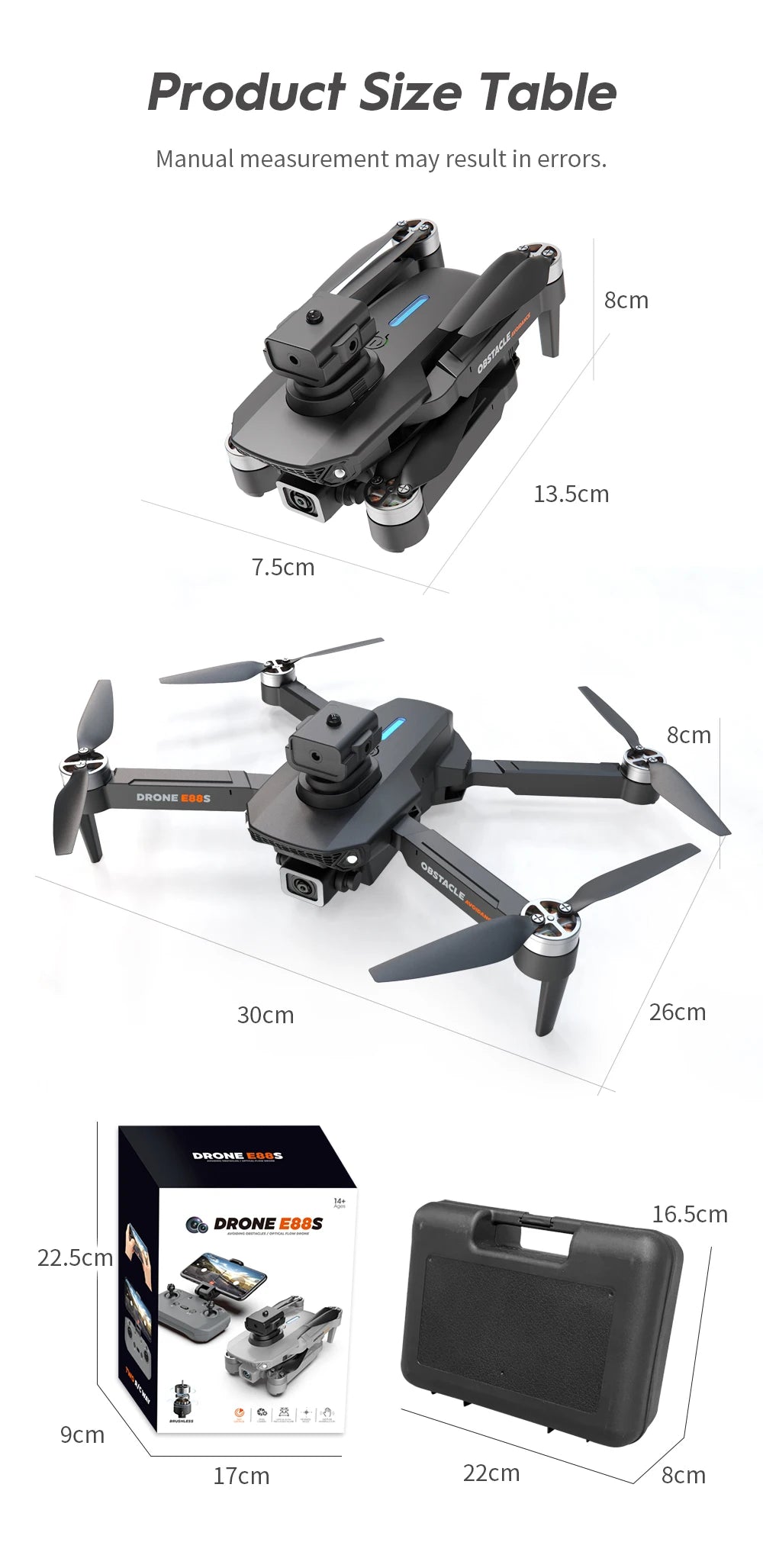 Mini Drone E88S 4k HD Dual Camera Foldable 360° Obstacle Avoidance WIFI FPV Brushless Quadcopter Helicopter Kids Toys Tarmac Pad