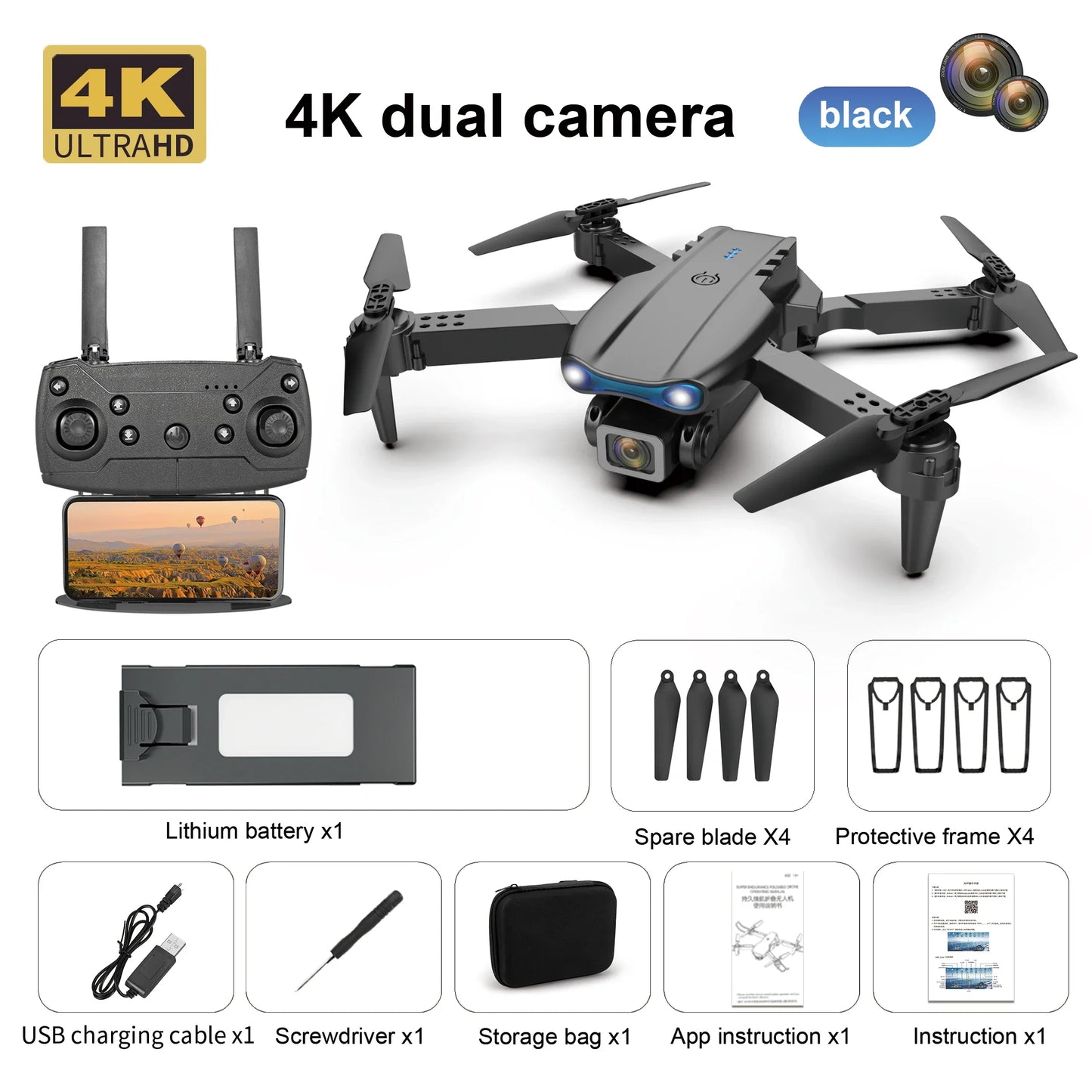 Black E88E99 GT Lighting Big Screen Control Mini Drone Dual Camera Optical Flow Fixed Height HD Aerial Photography Quadcopter